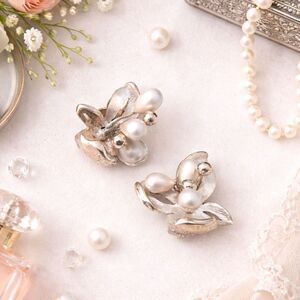 Vintage Kramer Gold Tone Clip On Faux Pearl Flower Earrings